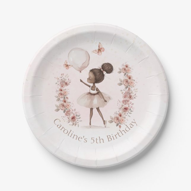 Black Girl Ballerina Birthday Paper Plates (Front)