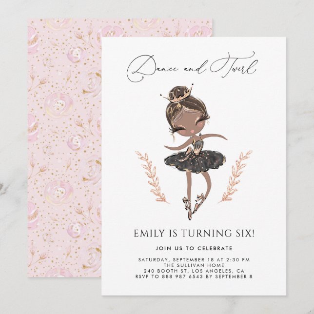 Black Girl Ballerina in Black Dress Birthday Invitation (Front/Back)