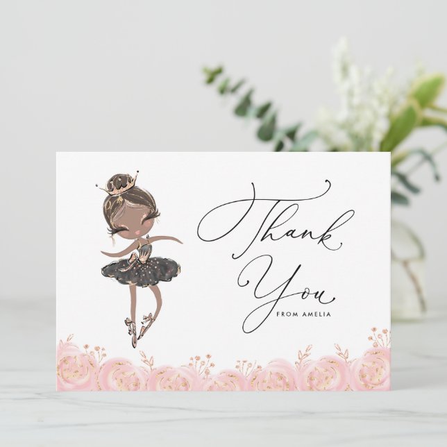 Black Girl Ballerina in Black Dress Birthday Thank You Card (Standing Front)