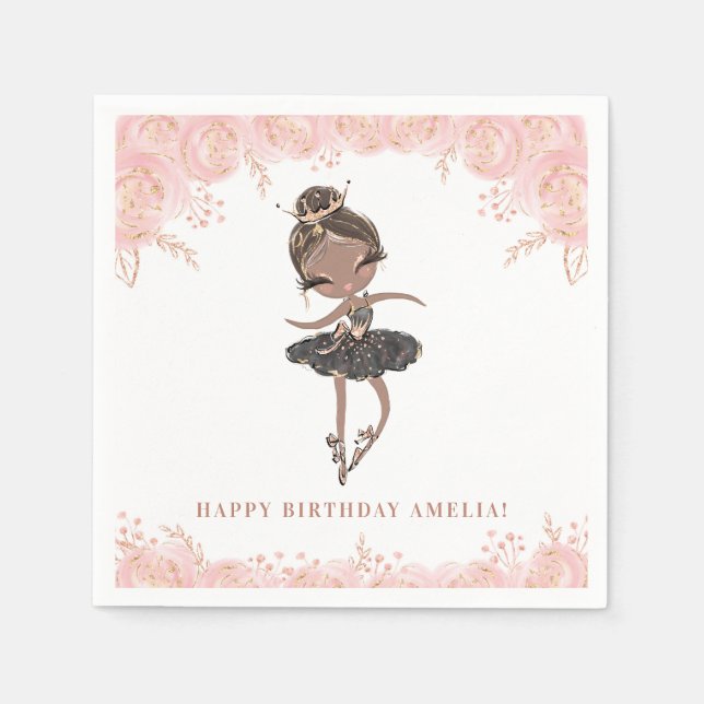 Black Girl Ballerina in BlackDress Floral Birthday Napkin (Front)