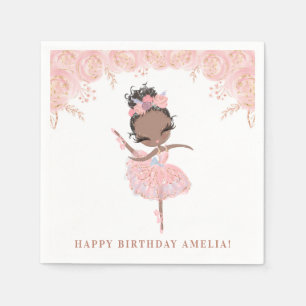 Black Girl Ballerina in Pink Dress Floral Birthday Napkin