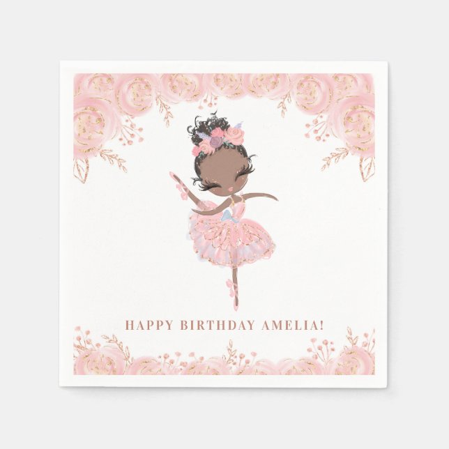 Black Girl Ballerina in Pink Dress Floral Birthday Napkin (Front)