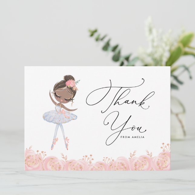 Black Girl Ballerina in White Dress Birthday Thank You Card (Standing Front)