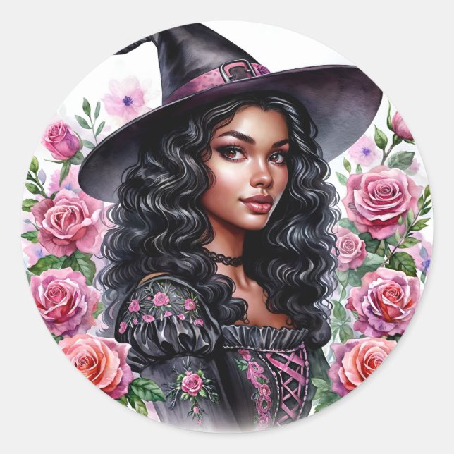 Black Girl Bubblegum Witch Pink-o-ween  Classic Round Sticker (Front)