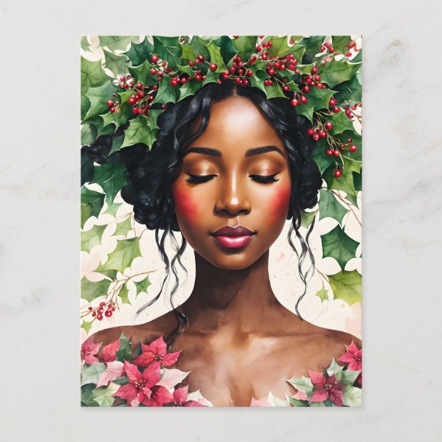 Black Girl Christmas Art With Holly & Poinsettia Postcard (Front)