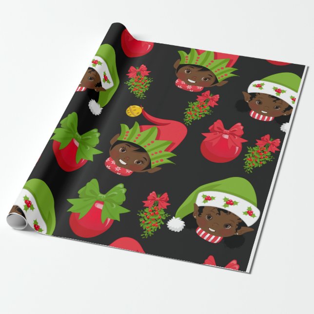 Black Girl Elf Christmas Wrapping Paper, Paper (Unrolled)