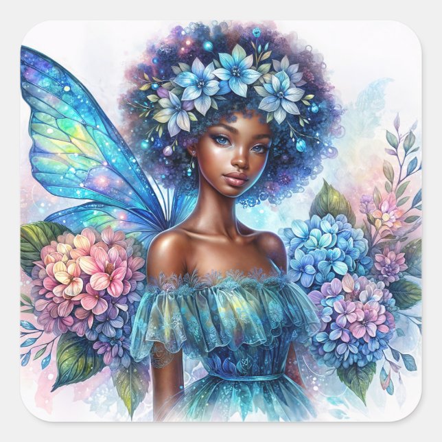 Black Girl Fairy with Afro and Blue Hydrangeas Square Sticker (Front)