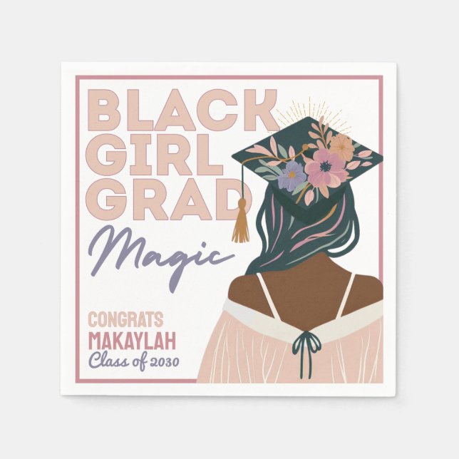 Black Girl Grad Magic Floral Boho Graduation Party Napkin (Front)
