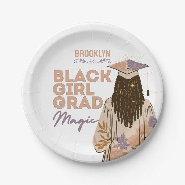 Black Girl Grad Magic Floral Boho Graduation Party Paper Plate (Front)
