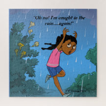 Black girl in the rain cute cartoon jigsaw puzzle