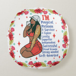 Black girl magic, melanin poppin, sista, brown ski round cushion