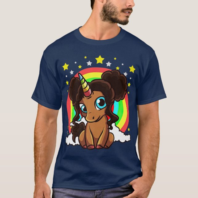 Black Girl Magic Unicorn Afro Puffs Brown Skin T-Shirt (Front)