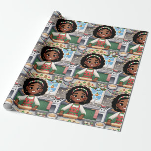Black girl making Christmas cookies wrapping paper
