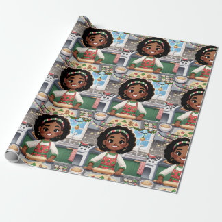 Black girl making Christmas cookies wrapping paper