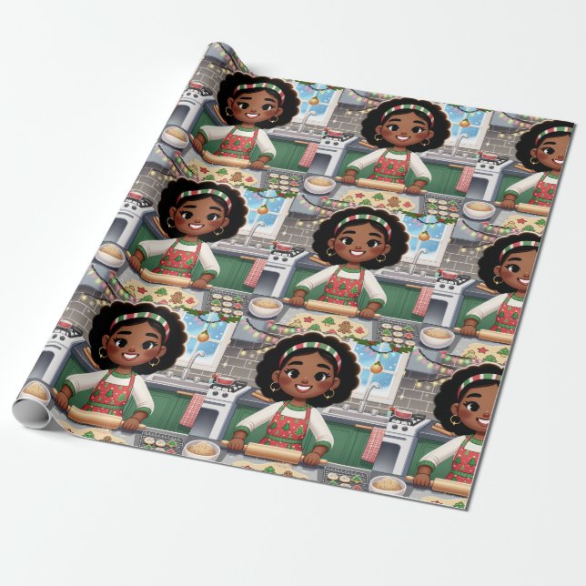 Black girl making Christmas cookies wrapping paper (Unrolled)