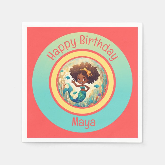Black Girl Mermaid Birthday Napkin (Front)