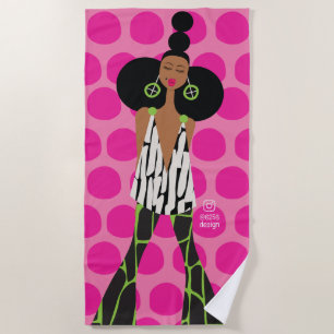 Black Girl on Pink, Black, Green and White Beach Towel