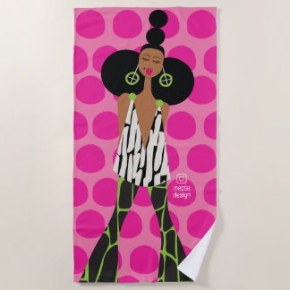 Black Girl on Pink, Black, Green and White Beach Towel