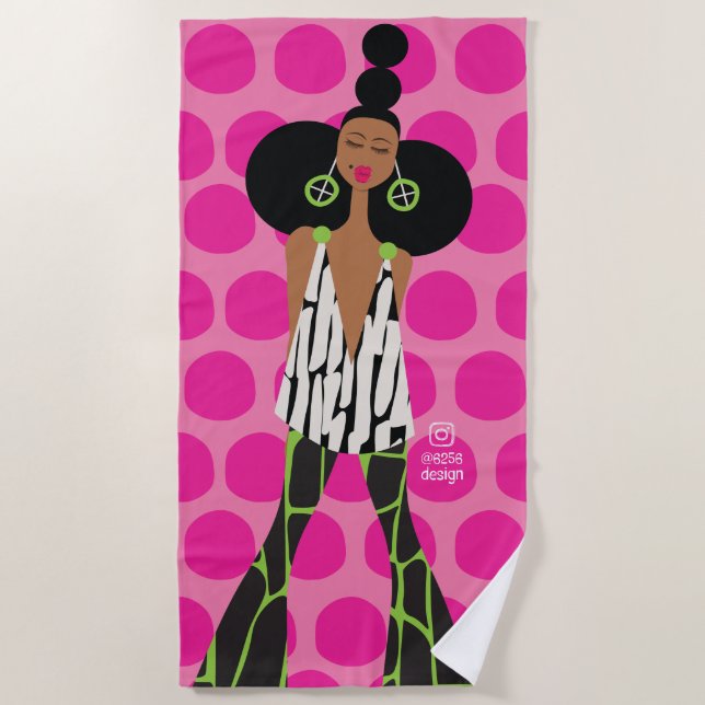 Black Girl on Pink, Black, Green and White Beach Towel (Front)