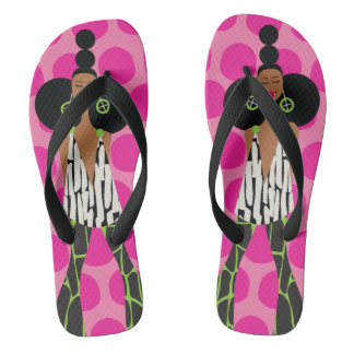 Black Girl on Pink, Black, Green and White Flip Flops