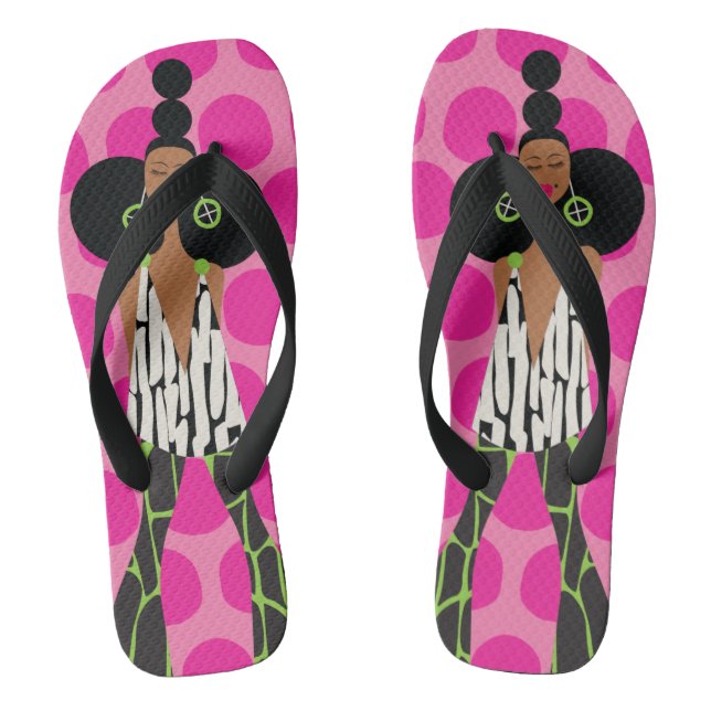 Black Girl on Pink, Black, Green and White Flip Flops (Footbed)
