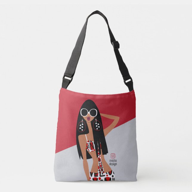 Black Girl on Red, White, Grey and Black Crossbody Bag (Front)