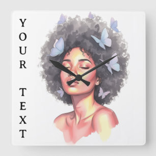 Black Girl Pastel Minimalistic Butterfly Custom Square Wall Clock