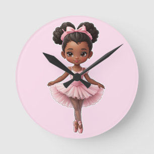 Black Girl Pink Ballerina Ballet Round Clock