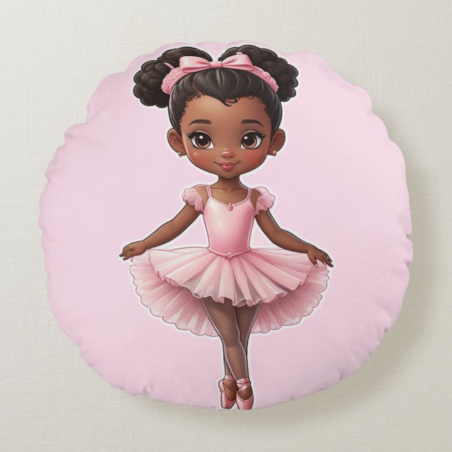 Black Girl Pink Ballerina Ballet Round Cushion (Front)
