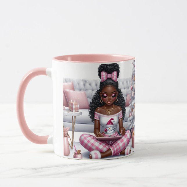 Black girl pink Christmas coffee Mug (Left)