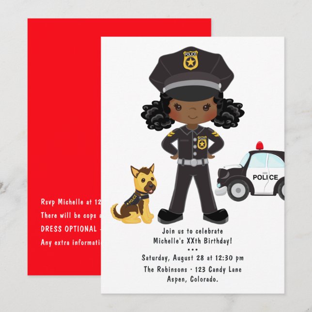 Black Girl Police Officer Party Birthday Invitation (Front/Back)