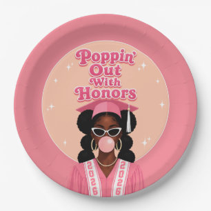 Black Girl Poppin’ Out with Honours Pink Graduatio Paper Plate