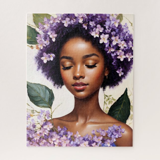 Black Girl Purple Flowers Botanical Portrait Jigsaw Puzzle (Vertical)