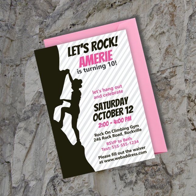 Black Girl Rock Climbing Birthday  Invitation (Rock Climbing Party Invitation features the silhouette of a black girl climbing a rock. Pink & gray)