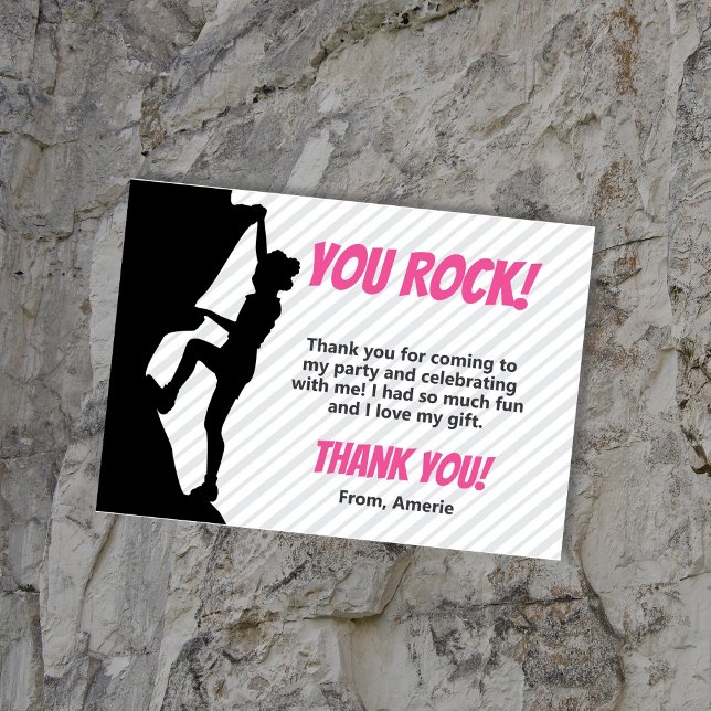 Black Girl Rock Climbing Party Thank You Card (Black Girl Rock Cllimbing Birthday Thank You Cards featuring a girl with afro puffs. Gray and pink)