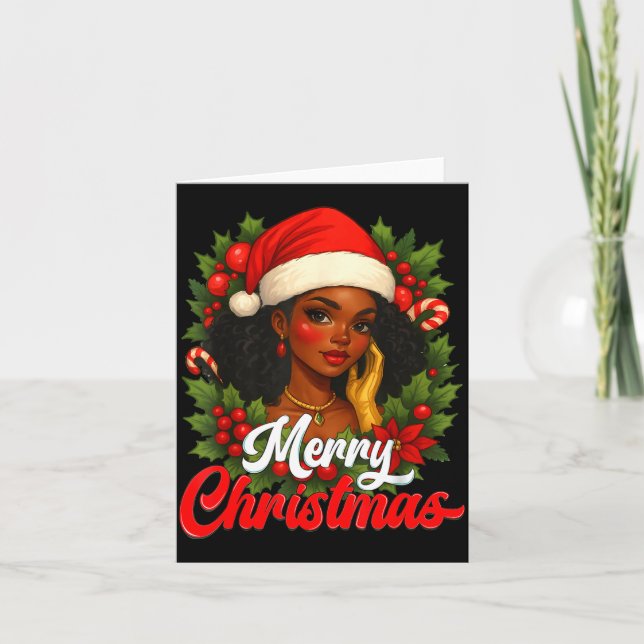 Black Girl Santa Hat Merry Christmas Pajama Africa Card (Front)