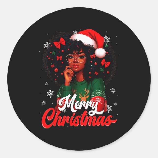 Black Girl Santa Hat Merry Christmas Pajama Africa Classic Round Sticker (Front)