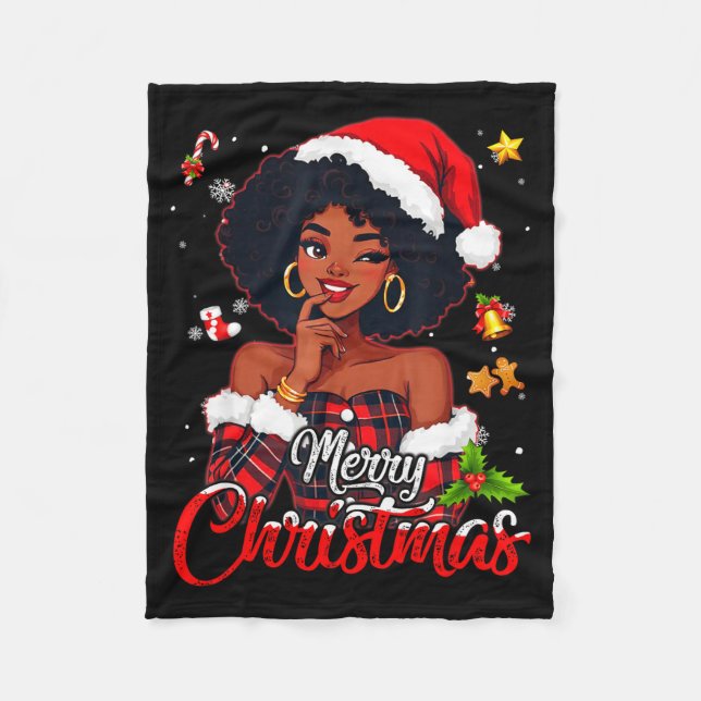 Black Girl Santa Hat Merry Christmas Pajama Africa Fleece Blanket (Front)