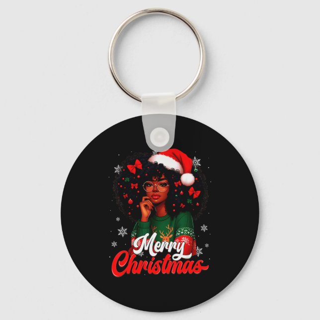 Black Girl Santa Hat Merry Christmas Pajama Africa Key Ring (Front)