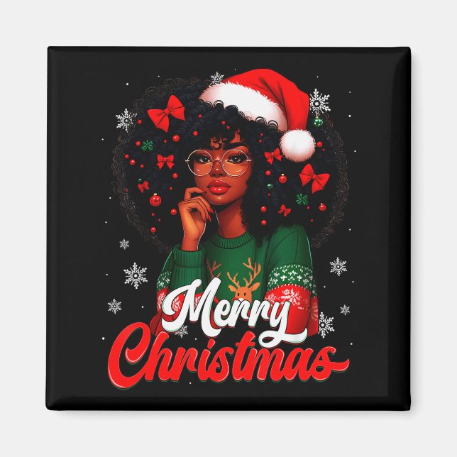 Black Girl Santa Hat Merry Christmas Pajama Africa Magnet (Front)