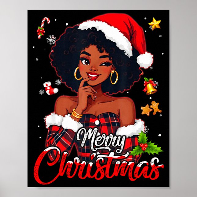 Black Girl Santa Hat Merry Christmas Pajama Africa Poster (Front)