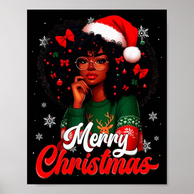 Black Girl Santa Hat Merry Christmas Pajama Africa Poster (Front)