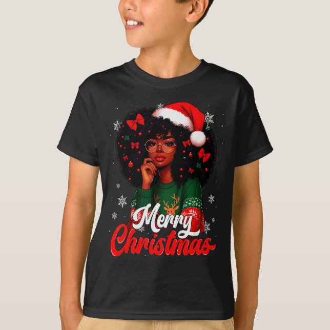 Black Girl Santa Hat Merry Christmas Pajama Africa T-Shirt (Front)