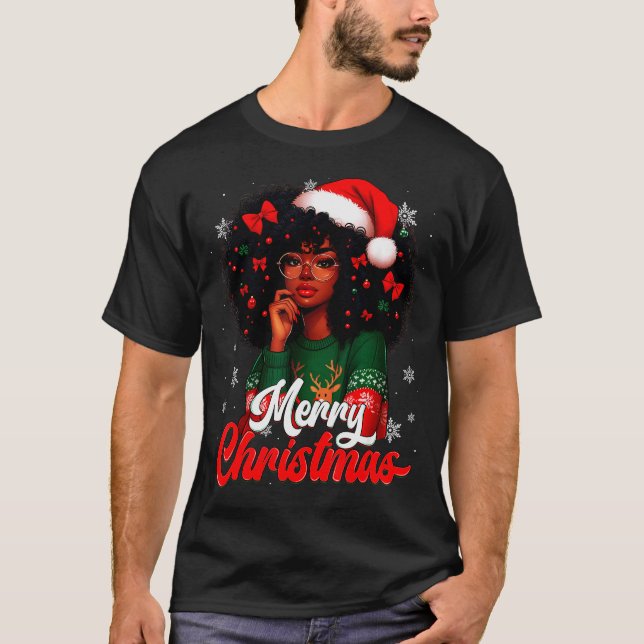 Black Girl Santa Hat Merry Christmas Pajama Africa T-Shirt (Front)