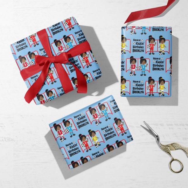 Black Girl Soccer Personalised Wrapping Paper Sheet (Creator Uploaded)