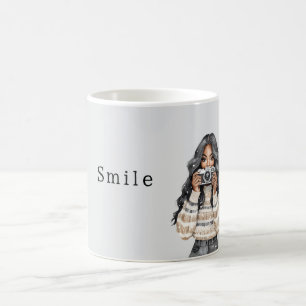 Black Girl Sweater Smile Camera Coffee Mug