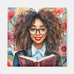 Black Girl Wearing Glasses With Book Magnet