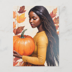 Black Girl With Pumpkin Fall Leaves Postcard