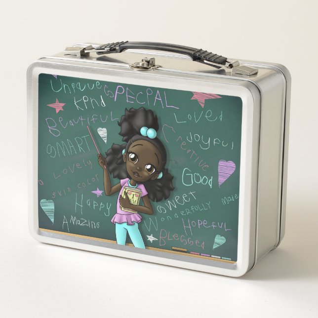 Black Girl with Uplifting Words Metal Lunch Box (Front)
