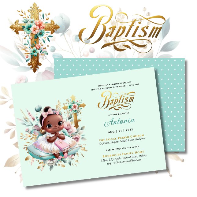 Black Girl's BAPTISM Pink Gold Floral Cross Invitation (Creator Uploaded)